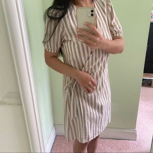 Brown Stripe Linen Wrap Front Dress